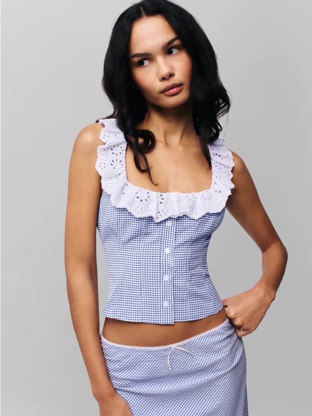 Danielle Guizio Blue Gingham Eyelet Ruffle Button Top